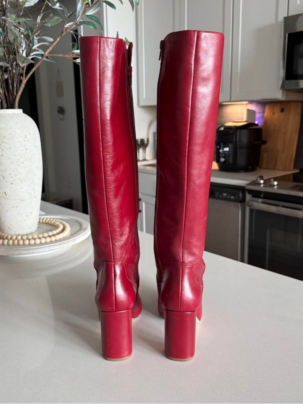 ANTONIO MELANI Red Leather Knee-High Block Heel Boots - Picture 5 of 7